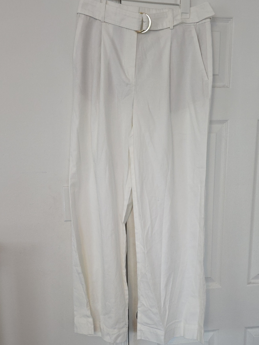 LOFT High-Rise White Belted Straight-Leg Peyton Trouser